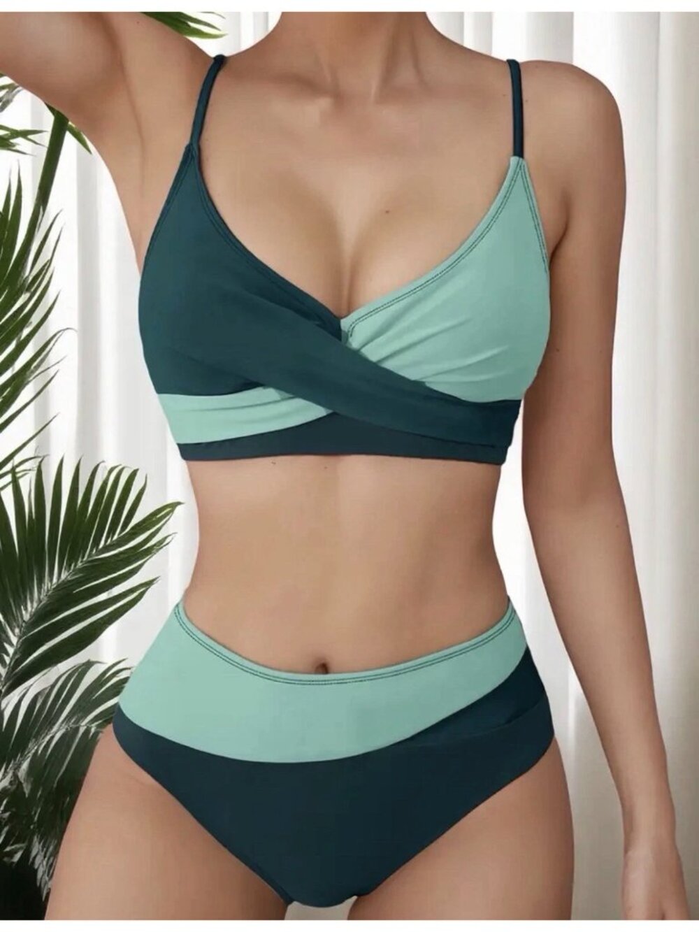 Bikini Set High Waisted Bottom & Twist Front Top Size M Green & Teal - Picture 8 of 10